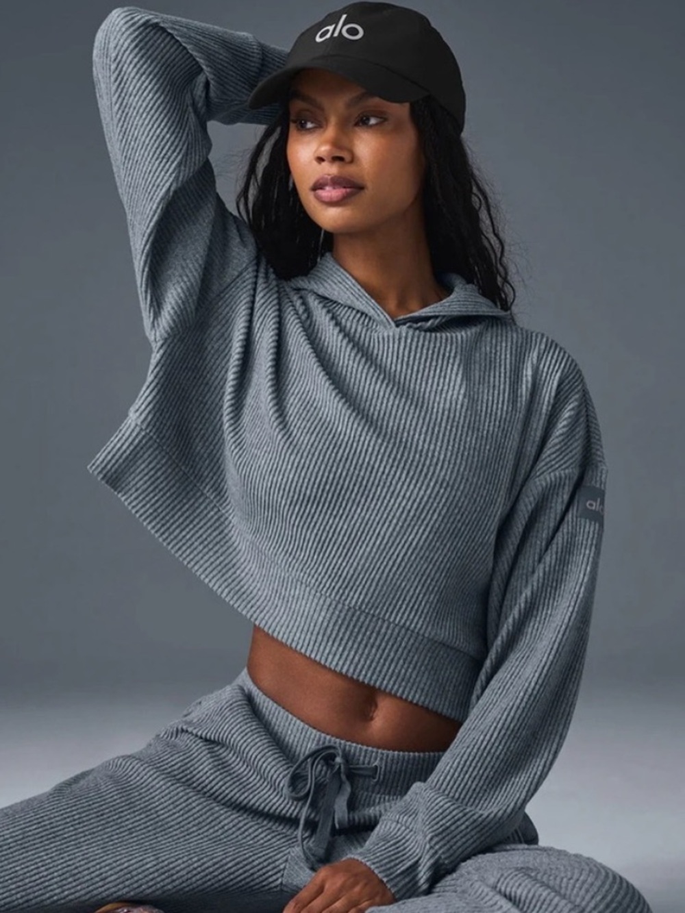 alo Yoga Muse Ribbed Crop Hoodie Pullover Steel Blue S
